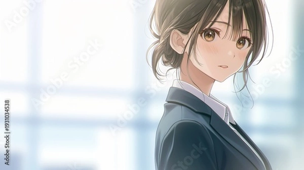 Obraz オフィスで仕事をするアニメ調の日本人美少女