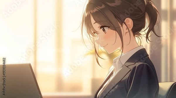 Obraz オフィスで仕事をするアニメ調の日本人美少女