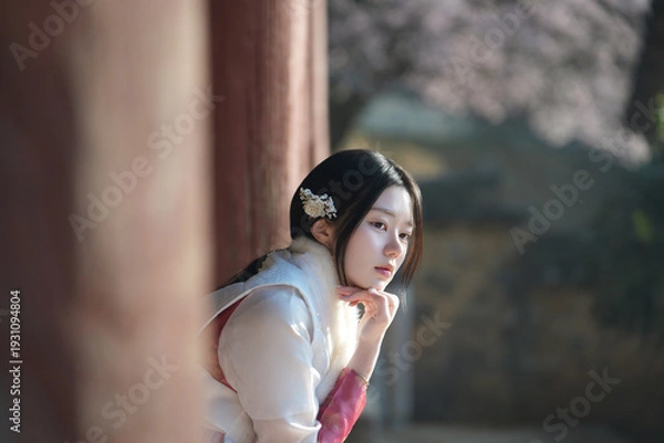 Obraz 밀양향교 돌담과 매화 아래, 한복 여인의 봄 산책