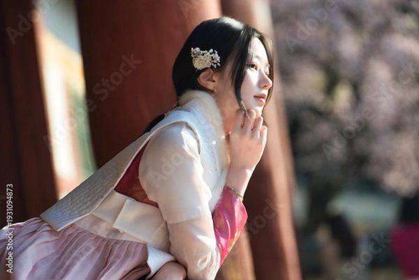 Obraz 밀양향교 돌담과 매화 아래, 한복 여인의 봄 산책