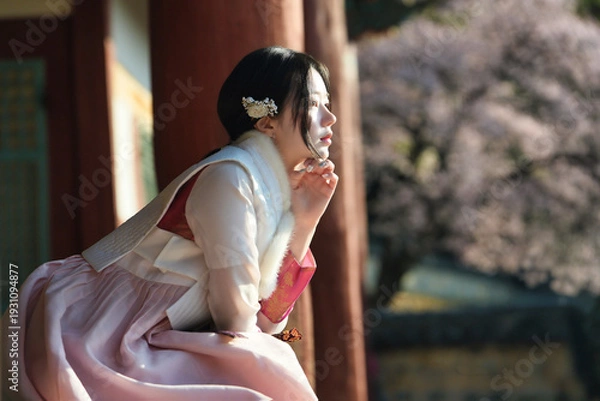 Obraz 밀양향교 돌담과 매화 아래, 한복 여인의 봄 산책