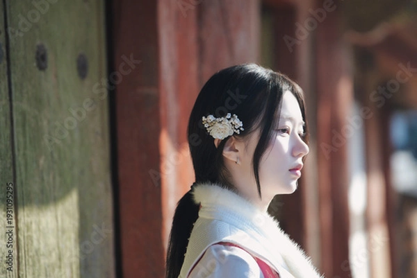 Obraz 고택 돌계단 위, 한복 여인의 고요한 봄날