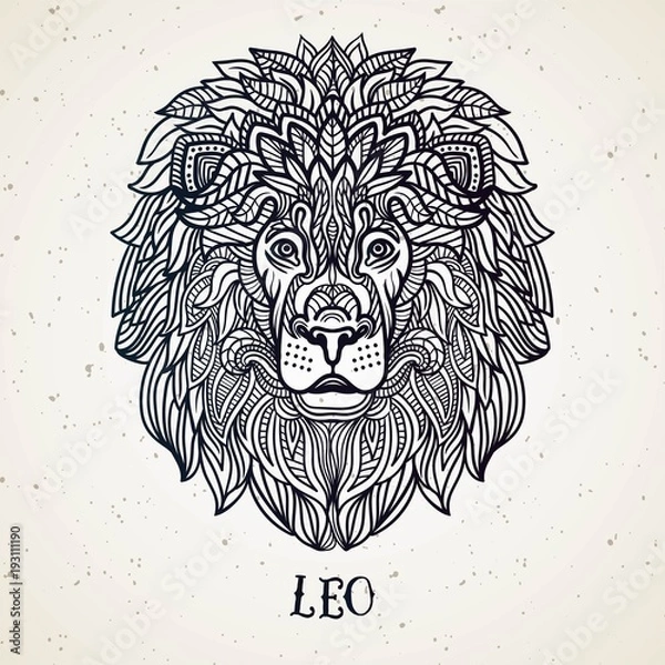 Fototapeta Piękny symbol zodiaku filigran grafiki liniowej. Czarny znak na tło vintage. Tatuaż eleganckiej biżuterii. Grawerowany symbol horoskop. Doodle mystic rysunek z napisem kaligrafii. Leo