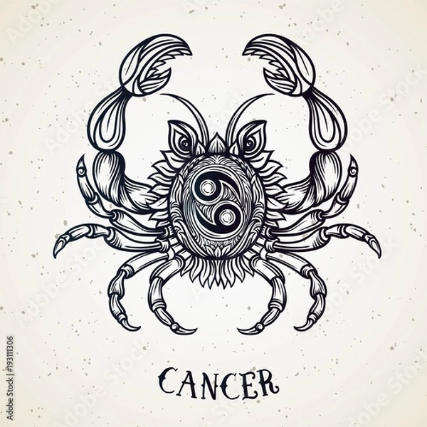 Fototapeta Beautiful line art filigree zodiac symbol. Black sign on vintage background.Elegant jewelry tattoo.Engraved horoscope symbol.Doodle mystic drawing with calligraphy lettering.Cancer
