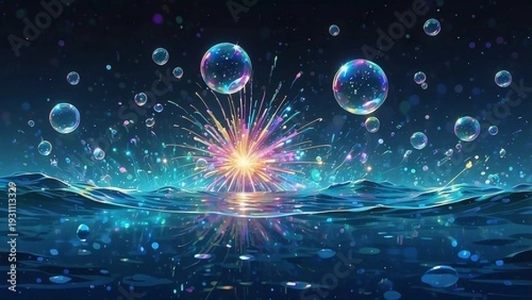 Obraz 青い光の抽象的な青い波と水しぶきエネルギー背景