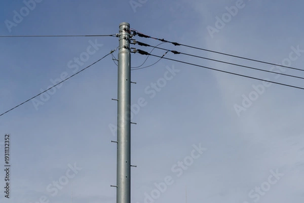 Obraz 青空を背景にしたシンプルな電柱と電線（コピースペース）