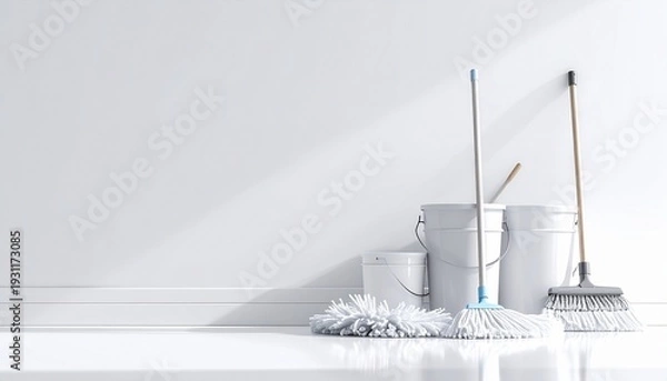 Obraz 白い背景に整然と並んだモップとバケツの清掃道具セット