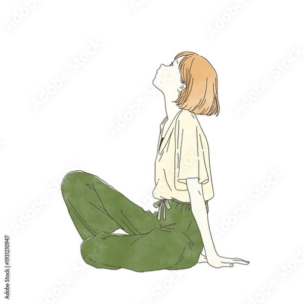 Obraz 座って上を見上げる若い女性