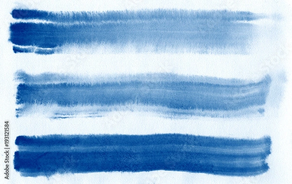 Obraz Watercolor. Blue abstract painted ink strokes set on watercolor paper. Ink strokes. Flat kind brush stroke.