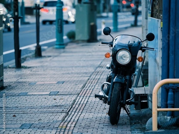 Obraz 歩道に停車したオートバイの風景