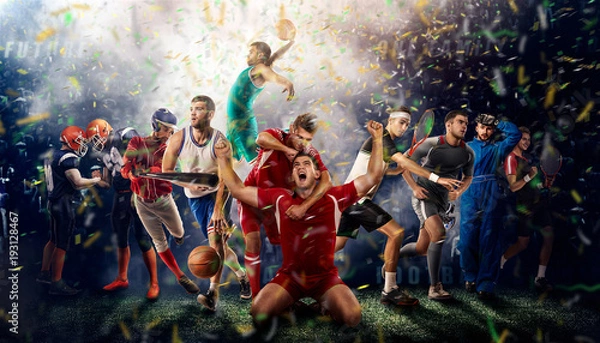 Obraz gracze z różnych dyscyplin sportowych na stadionie piłkarskim renderowania 3D