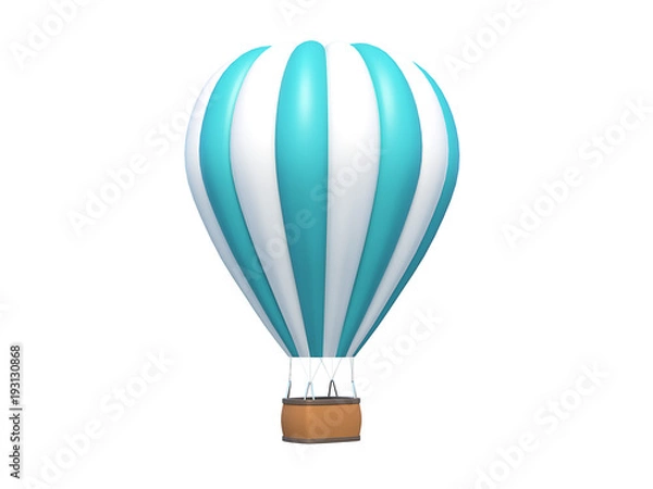 Fototapeta Balon na ogrzane powietrze niebieskie białe paski, aerostat kolorowy na białym tle. Renderowania 3D