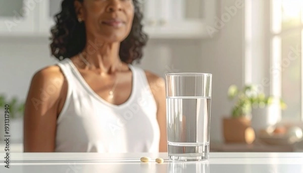 Obraz 明るい朝のキッチンで撮影された、フォトリアルでシネマティックなスチル写真。
清潔なカウンターの上に、透明なグラスに入った水と、シンプルなビタミンタブレットが数錠、整然と置かれている。

