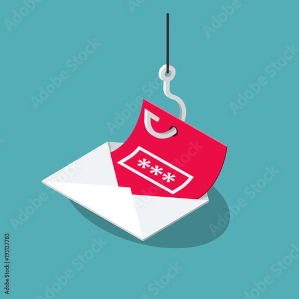 Obraz Phishing Scam wektor symbol z kopertą, czerwoną wiadomością i haczykiem wędkarskim na białym tle na niebieskim tle. Płaska konstrukcja, łatwa w użyciu dla Twojej witryny lub prezentacji.