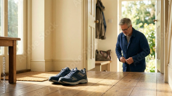 Obraz 予防医療キャンペーン向けの、フォトリアルでシネマティックなスチル写真。
明るい早朝の室内、玄関付近の木製フロアに、清潔なウォーキングシューズが整然と並べられている。

横から力強く差し込む朝の自然光が、床にあたたかな輝きを与え、やわらかく自然な影を落とす。過度にドラマチックではなく、現実的で心地よい光の描写。