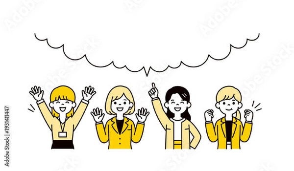 Obraz 大きな吹き出しと、明るく元気な表情・ポーズの複数の若い女性の上半身ベクターイラスト素材セット