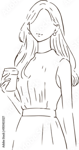 Obraz コップを持つエレガントな雰囲気の女性のイラスト　シンプルライン　白黒