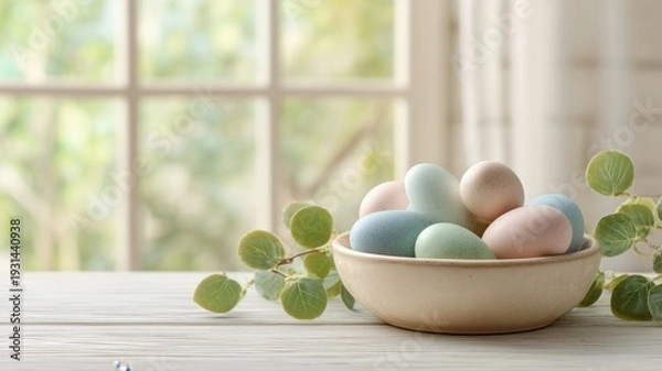 Obraz 淡い色合いの卵が並ぶ優しい雰囲気の食卓風景。春やイースターの装飾に適したナチュラルなインテリア素材。