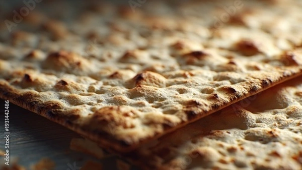 Obraz 焼き色が美しいマッツァのクローズアップ。過越祭や食文化を伝えるコンテンツに使える食品イメージ素材。
