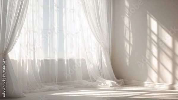 Obraz 柔らかい光が差し込む白いカーテンの窓辺。インテリアや背景素材に適したシンプルな空間