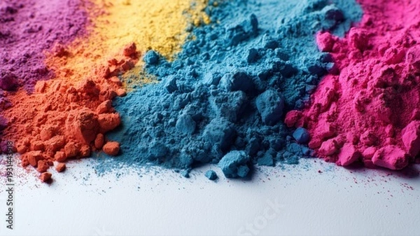 Obraz 鮮やかな色粉のクローズアップ。ホーリー祭やカラーフェスの背景に使える高彩度テクスチャ素材。
