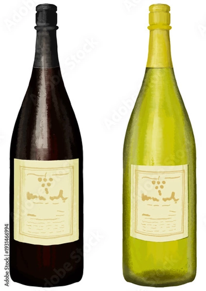 Obraz リアルなワインボトルのイラスト(赤ワインと白ワイン)