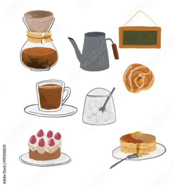 Obraz 手書き風のコーヒーとスイーツのセット