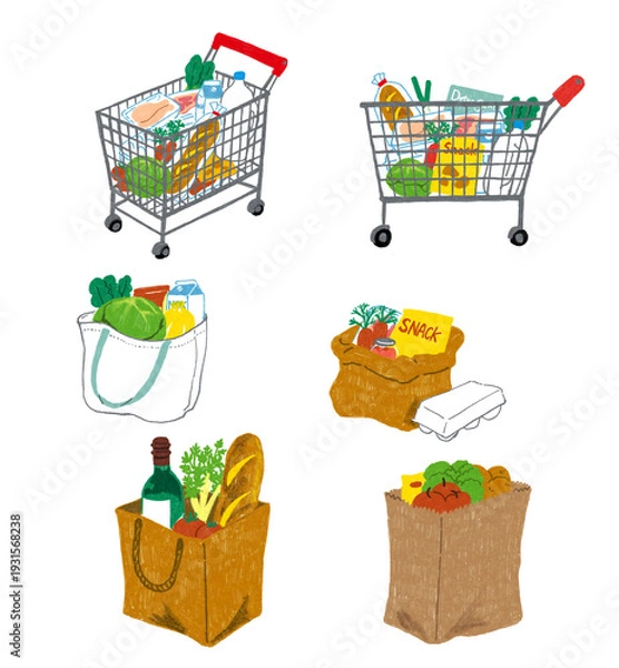 Obraz 手書き風のショッピングカートとエコバッグ