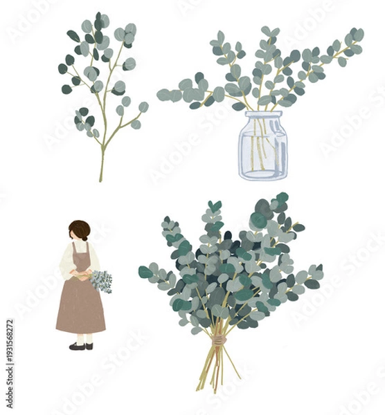 Obraz 手書き風のユーカリの枝と女の子
