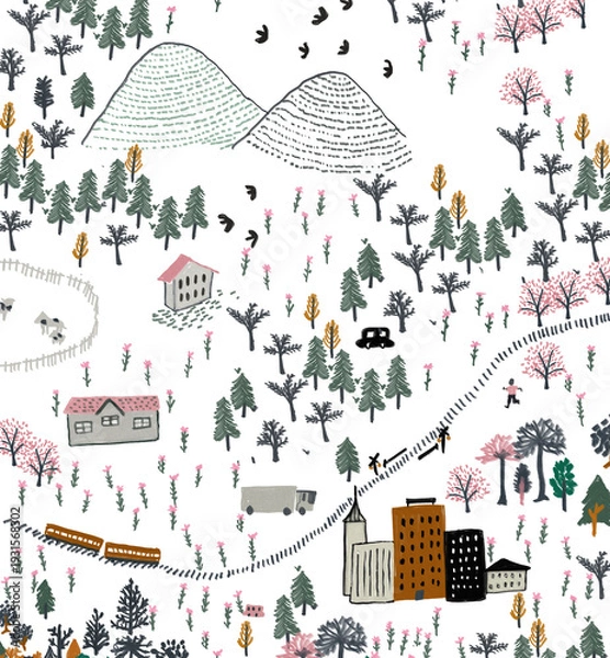 Obraz 手書き風の街と山の風景