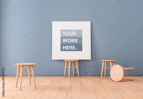 Fototapeta Makieta z kwadratowego płótna na drewnianym stołku barowym 2