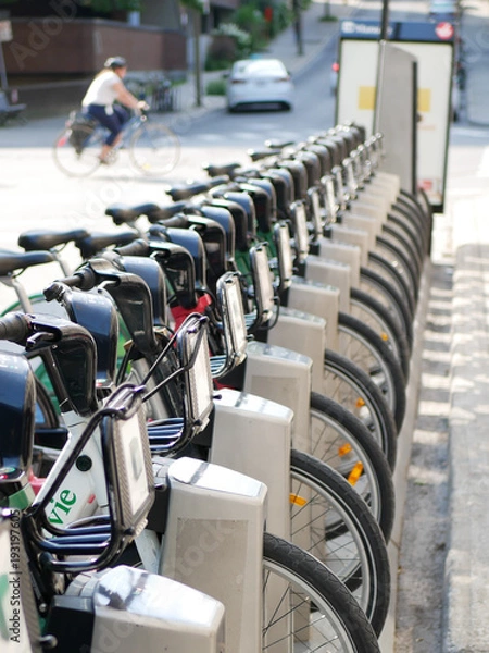 Obraz Bicycle sharing service near a bicycle path in Montreal, Quebec, Canada