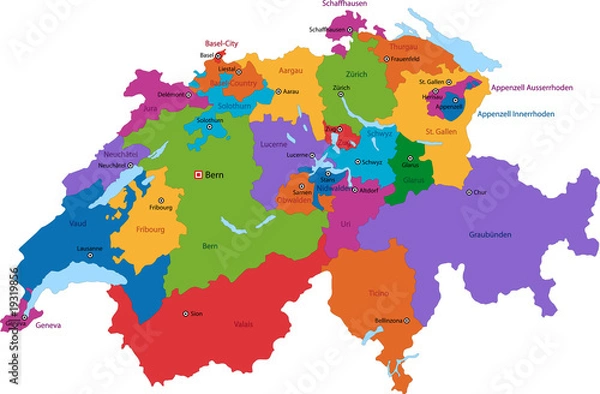 Obraz Kolorowa mapa Szwajcarii z państwami i głównymi miastami