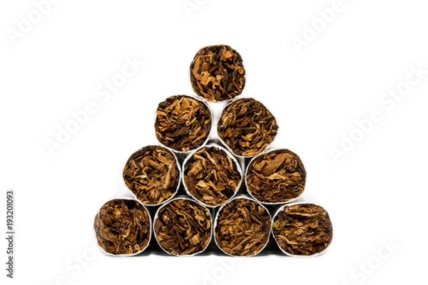 Fototapeta Pyramid of cigarettes at white background