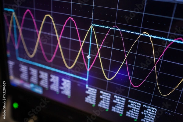 Fototapeta Oscyloskop cyfrowy jest używany przez doświadczonego inżyniera elektronicznego w laboratorium