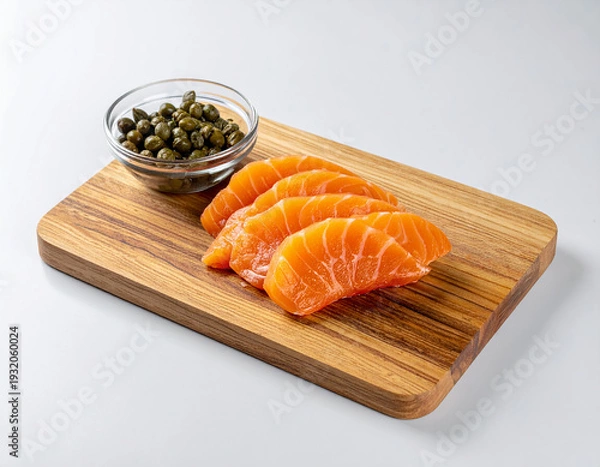 Obraz 음식-일식-회-스시-연어회-케이퍼베리-나무도마-연어 슬라이스-나무접시-흰색 배경
