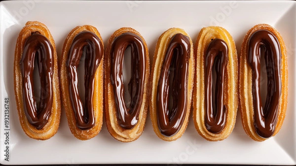 Obraz 艶やかなチョコレートソースを贅沢にかけた揚げたてのチュロスが並ぶ一皿