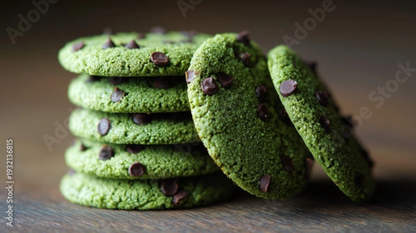 Obraz 鮮やかな緑色の生地にチョコチップを贅沢に散りばめた厚焼きの抹茶クッキー