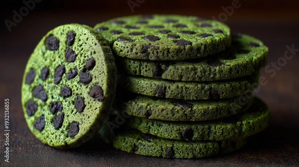 Obraz 深みのある緑色の生地にたっぷりのチョコチップが埋め込まれた薄焼きの抹茶クッキー