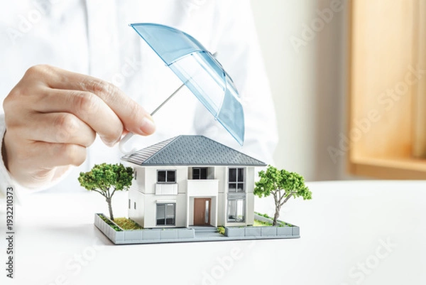 Obraz 傘で安全に守られる家の模型　住宅の火災保険や地震保険　家のセキュリティ