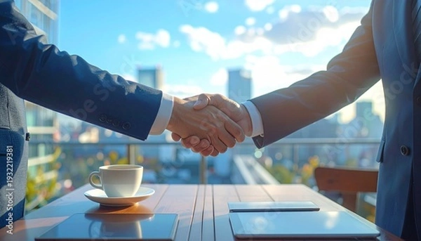 Obraz ビルが並ぶ都会のオープンカフェで握手を交わすスーツ姿の男性の手元　ビジネス、商談、契約イメージ