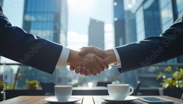 Obraz ビルが並ぶ都会のオープンカフェで握手を交わすスーツ姿の男性の手元　ビジネス、商談、契約イメージ