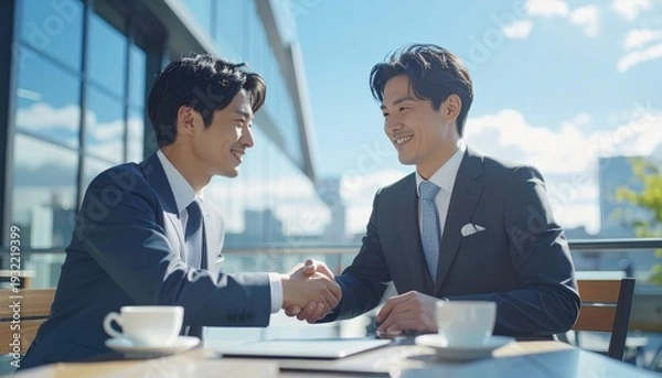 Obraz ビルが並ぶ都会のオープンカフェで握手を交わすスーツ姿の男性たち　ビジネス、商談、契約イメージ