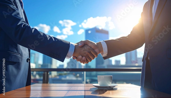 Obraz ビルが並ぶ都会のオープンカフェで握手を交わすスーツ姿の男性の手元　ビジネス、商談、契約イメージ