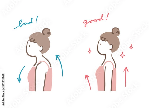 Obraz まっすぐした姿勢と猫背の女性のイラストセット