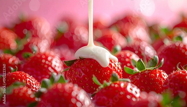 Obraz たくさんの新鮮なイチゴにとろりと練乳がかかる美味しいフルーツのイメージ　クローズアップ
