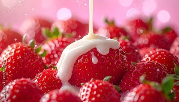 Obraz たくさんの新鮮なイチゴにとろりと練乳がかかる美味しいフルーツのイメージ　クローズアップ