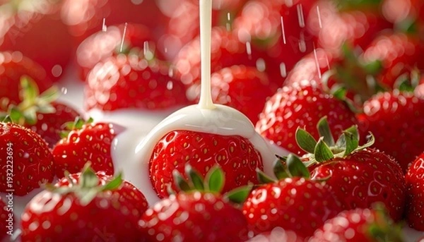 Obraz たくさんの新鮮なイチゴにとろりと練乳がかかる美味しいフルーツのイメージ　クローズアップ