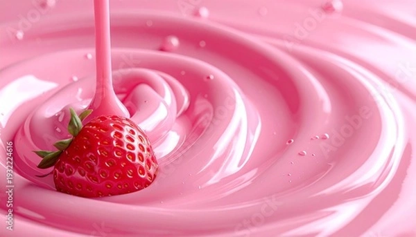Obraz 滑らかないちごスムージーや苺ミルクチョコレートの液体の波紋のクローズアップ