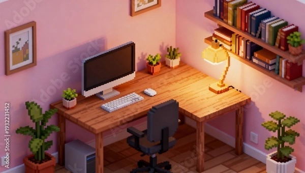 Obraz デスクと本棚があるアイソメトリックなピクセルホームオフィス